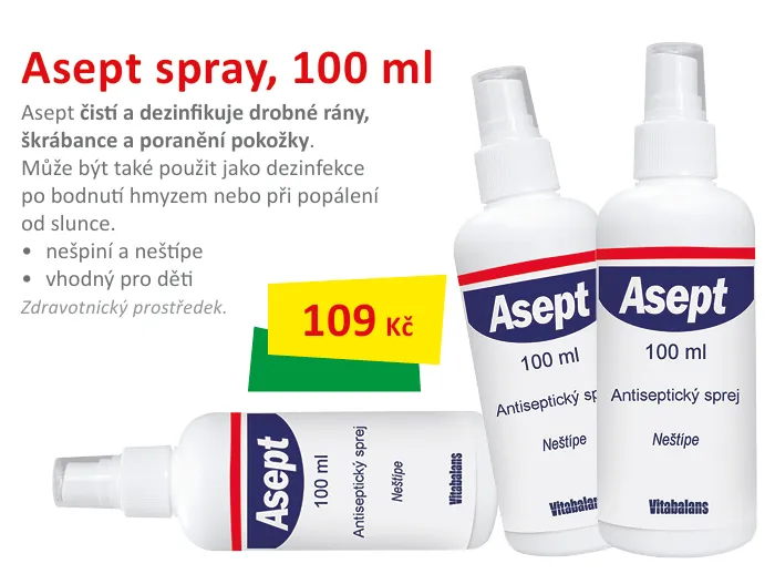 Produktový obrázek Antiseptického spreje Asept® SPRAY 100 ml s cenou 109 Kč, určeného čistění a dezimfekci drobné rány.